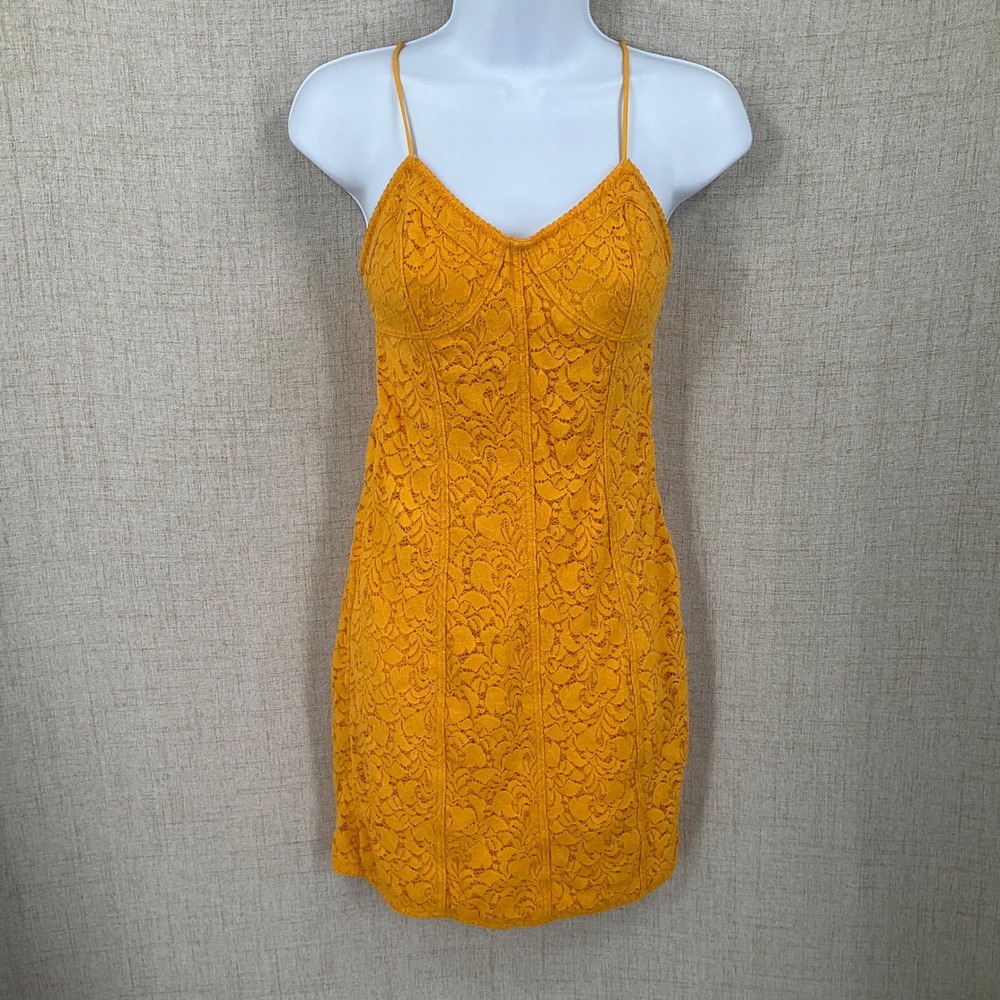 Intimately Free People Dress Womens Small Yellow Lace Mini Bodycon Boho Vibrant
